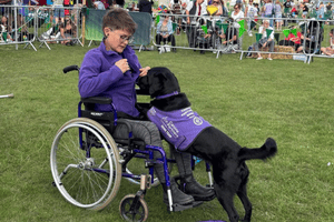 Canine Partners Dog Ambassador team member demonstrating with their black Labrador Dog Ambassador