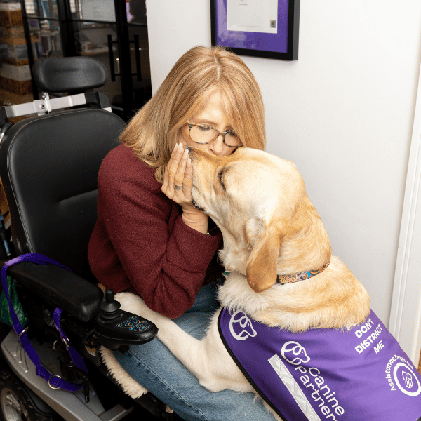 An assistance dog Shelley getting a head scratch from their partner Meikle