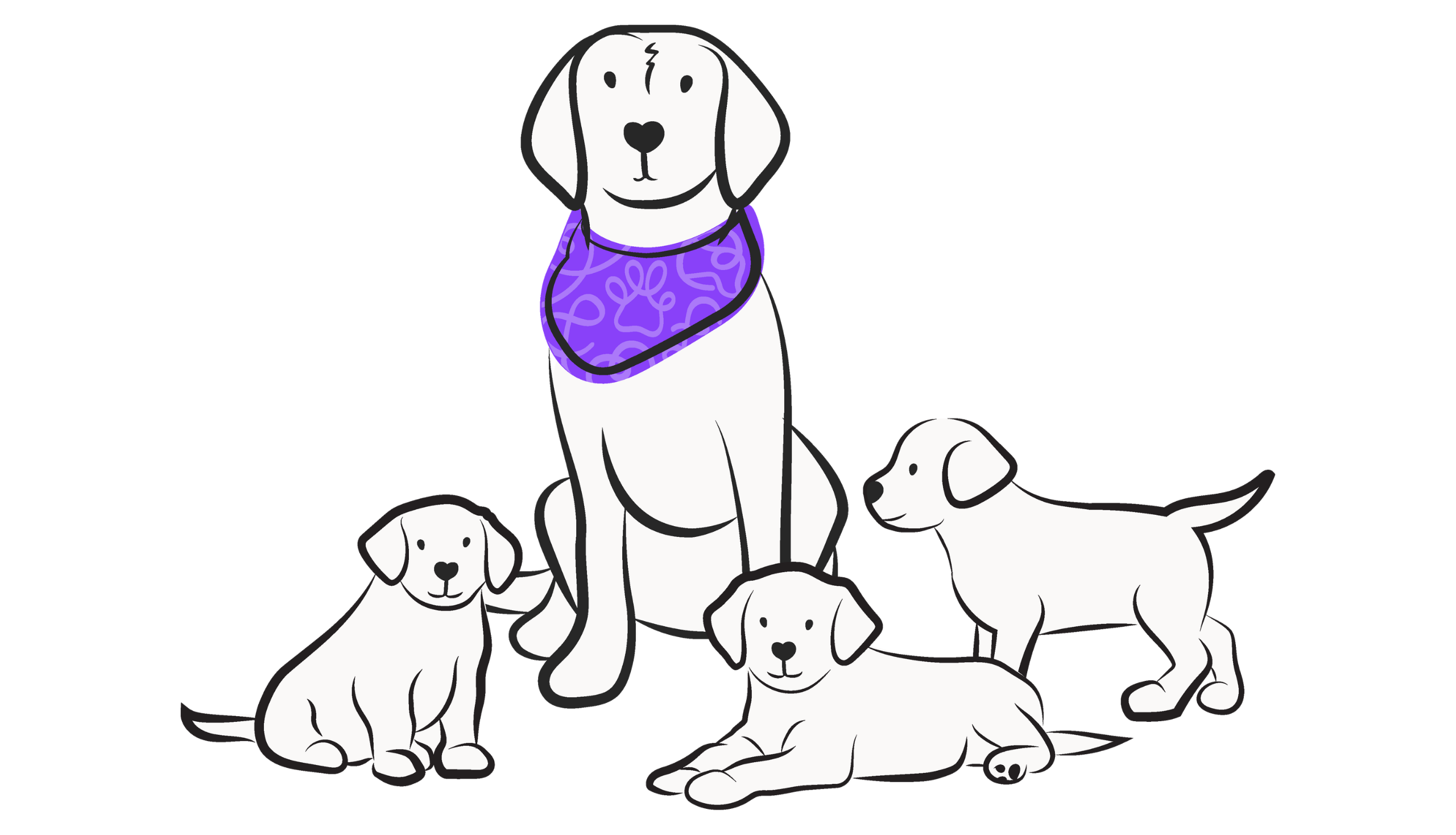 Illustration of a Canine Partners Brood dog wearing a purple bandana with three puppies