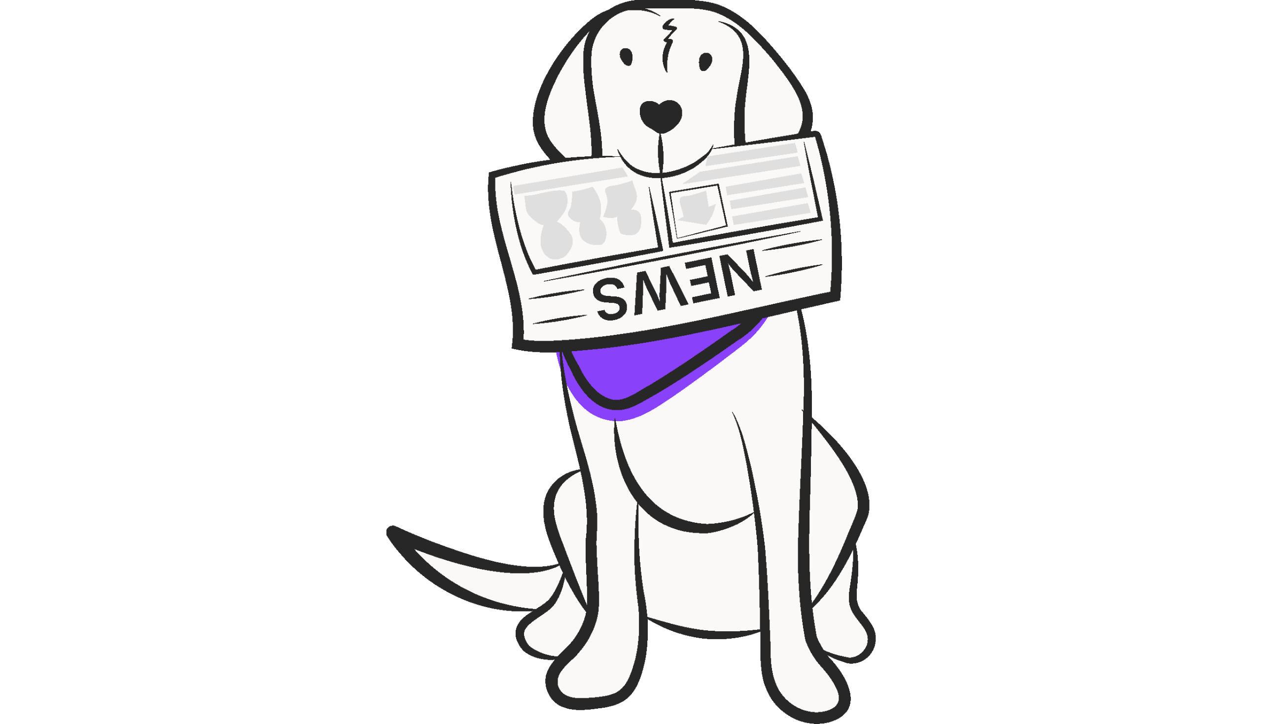 Illustration of a dog wearing a purple bandana holding a newspaper