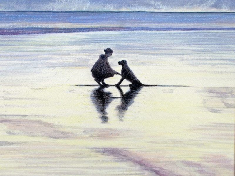 Drawing of a woman and a dog saying goodbye by the sea.