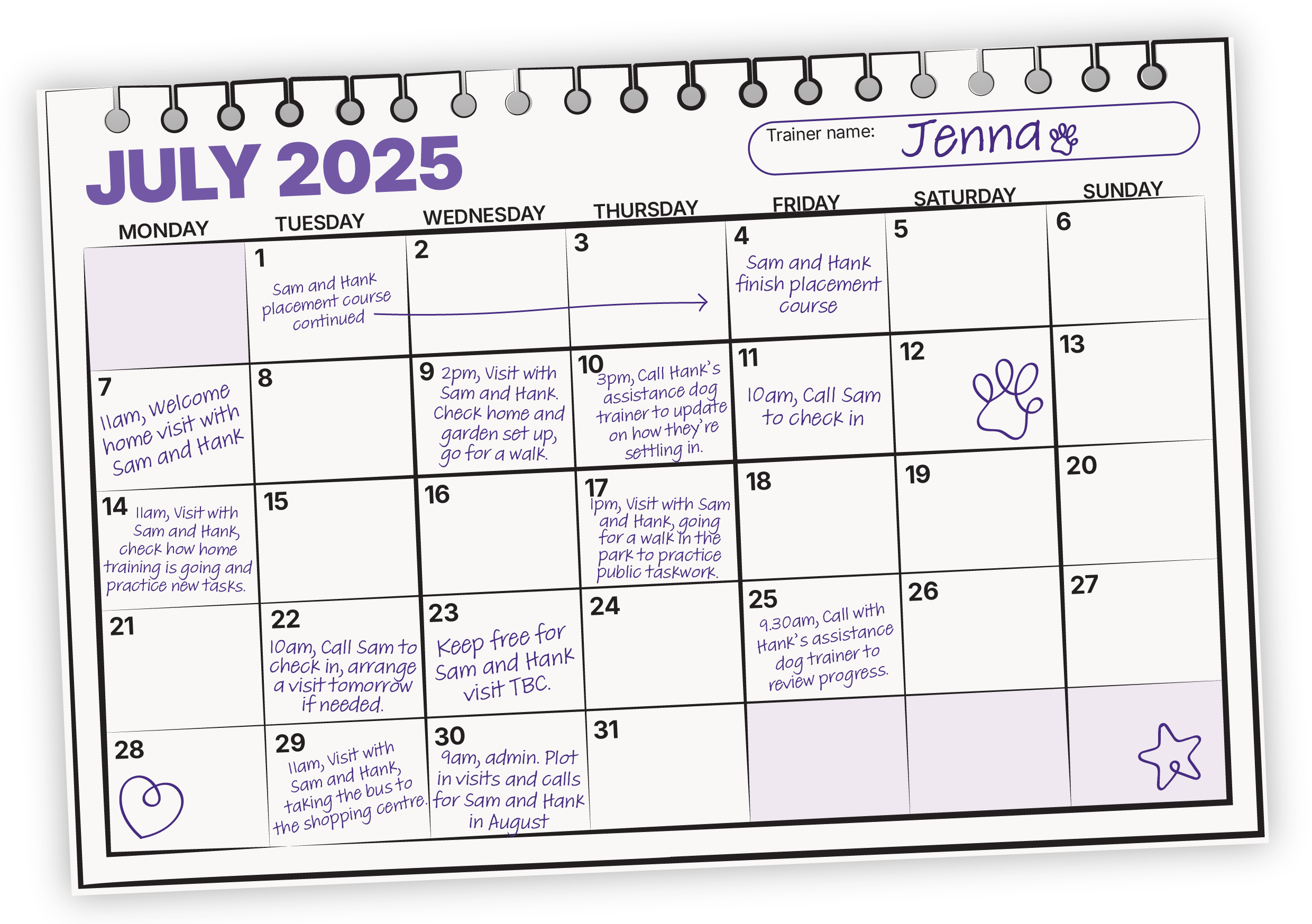 An illustrated example of a diary page from July 2025, from Jenna's diary. It has written on it lots of appointments and visits to Sam and Hank after their partnership.