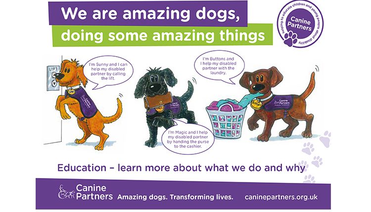 Canine Partners educational flyer for schools featuring cartoon dogs performing task work for disabled partners