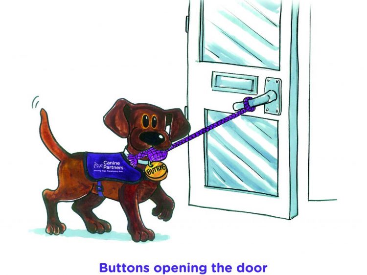 Cartoon of dog Buttons opening a door