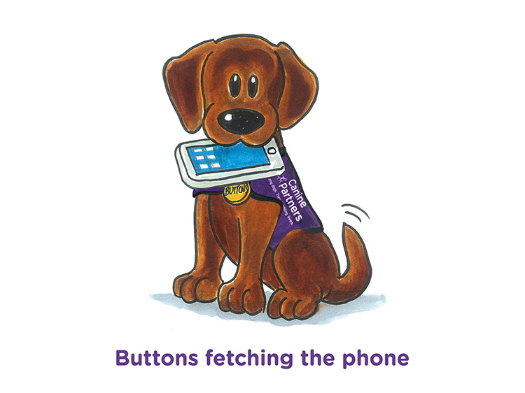 Cartoon dog Buttons fetching a phone
