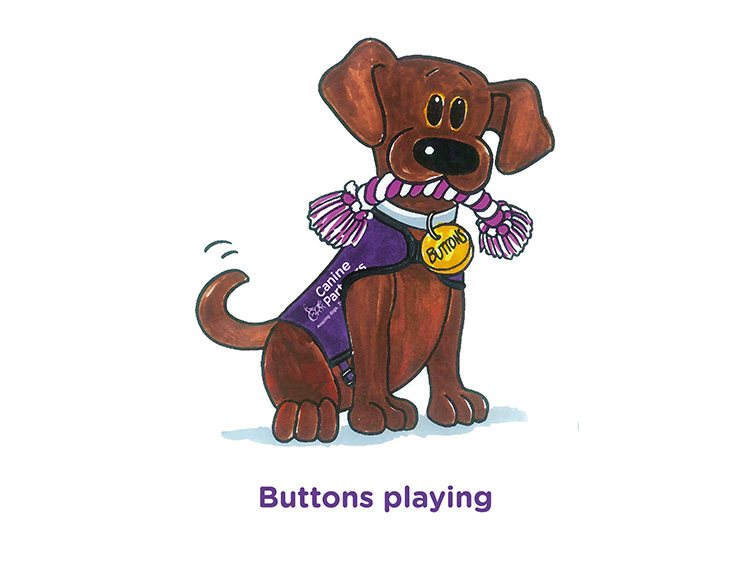 Cartoon of dog Buttons playing with a tug toy