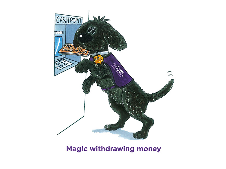 Cartoon of dog Magic withdrawing money from an ATM