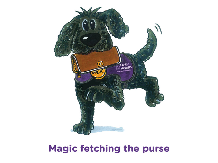 Cute cartoon dog Magic fetching a purse for a person with disabilities