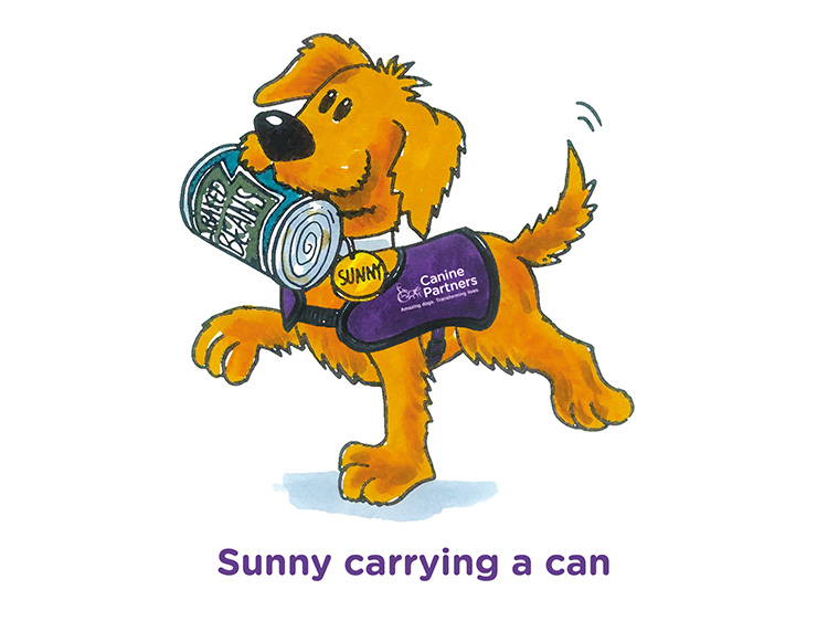 Cartoon dog Sunny shown carrying a can of baked beans to his disabled owner