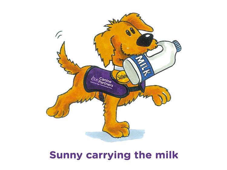 Cartoon dog Sunny shown carrying milk to his disabled owner