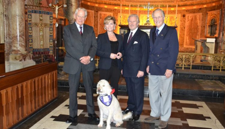 From left to right; Colonel Blashford-Snell, actress Fiona Fullerton, actor David Robb and television presenter Nicholas Parsons at Canine Partners Draycott Carol Service 2015