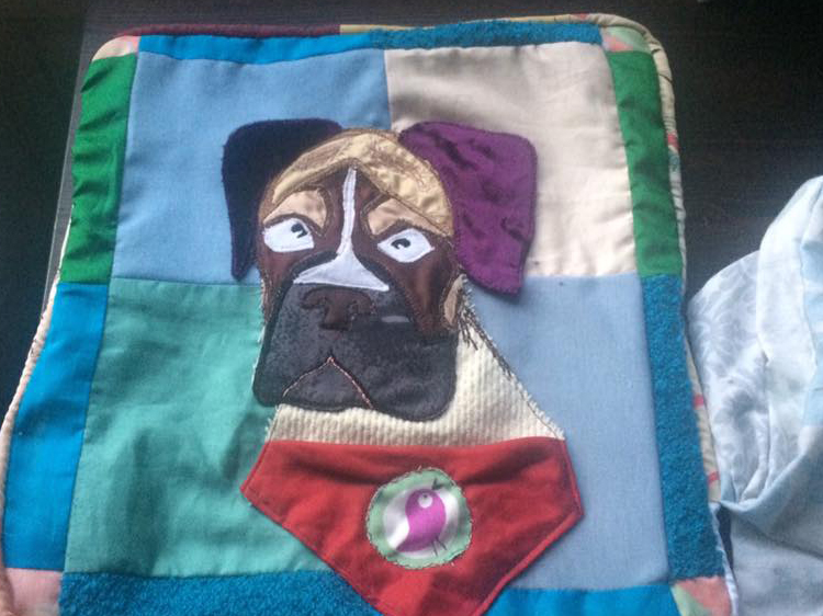Dog fabric patchwork quilt for Textile Art Challenge by Hattie Taylor